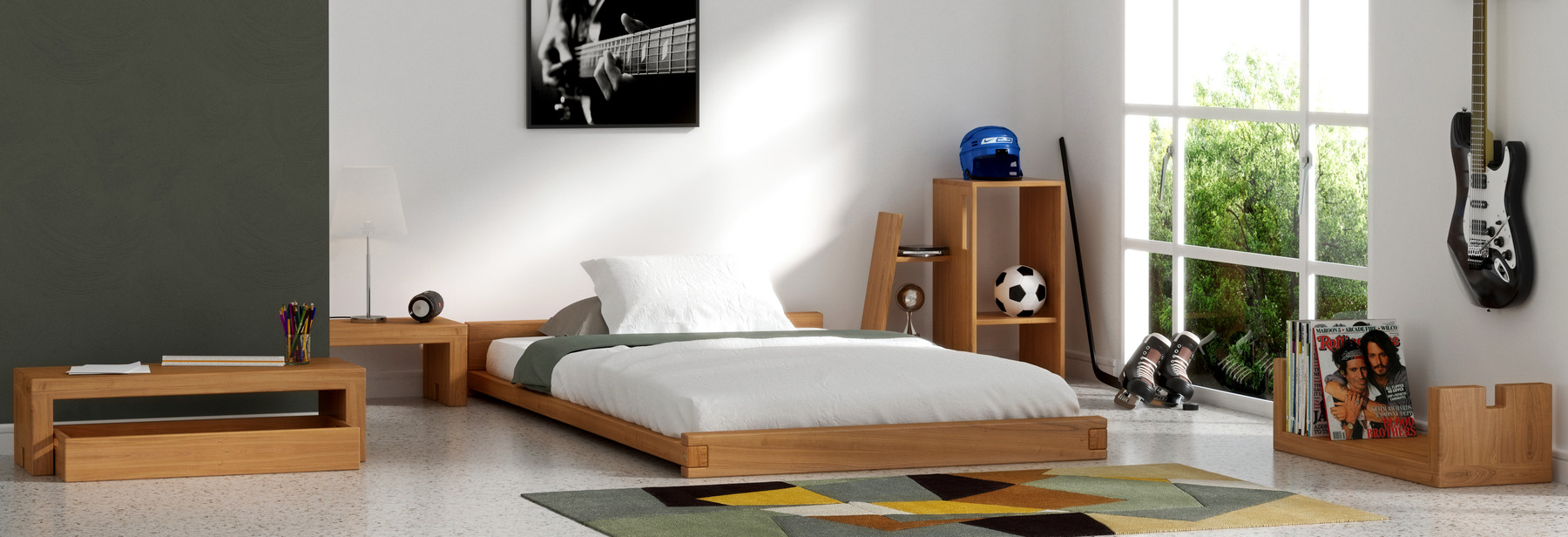 Minimalist teenager bedroom with solid wood furniture